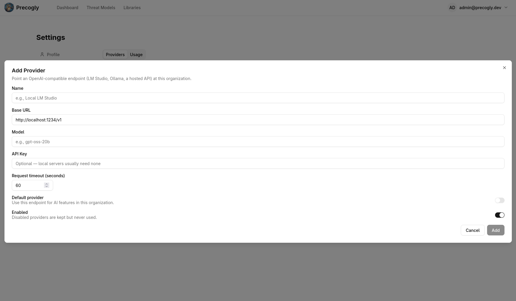 Per-organization AI provider configuration in settings