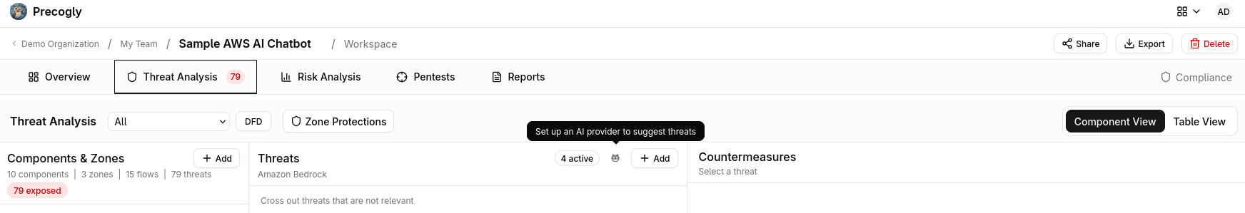 The owl icon in the threat analysis workspace triggers AI suggestions