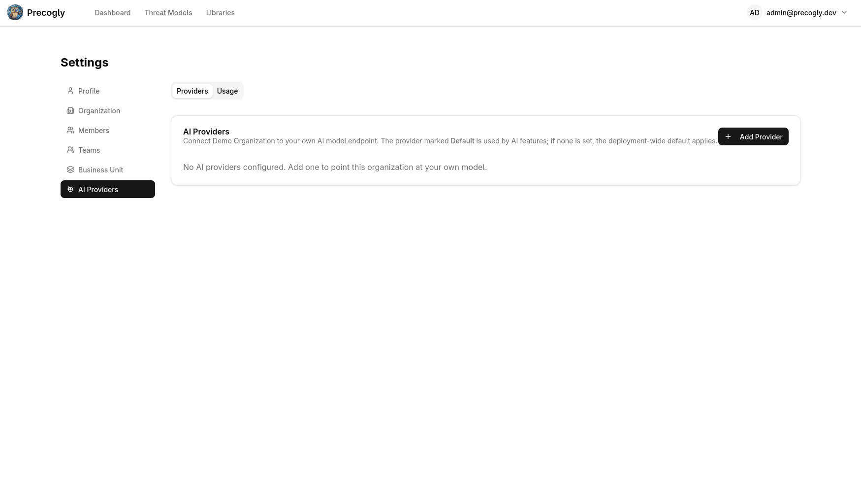 AI provider settings in the organization settings page