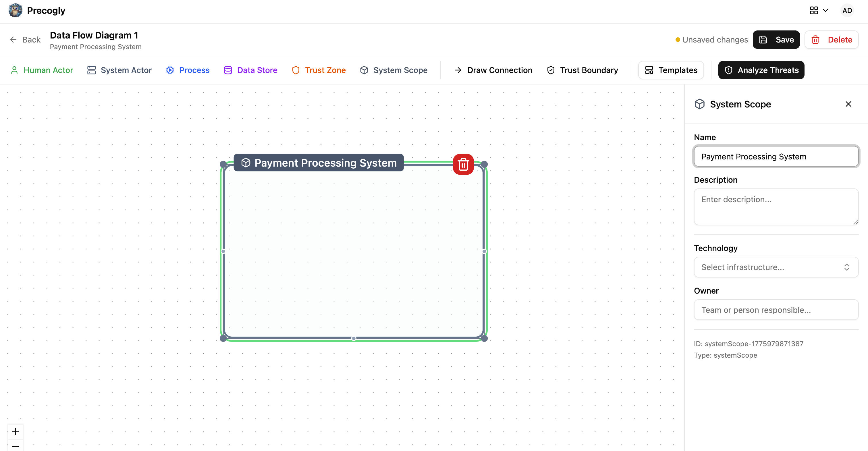 A System Scope node on the DFD canvas that auto-creates an Orgsystem record