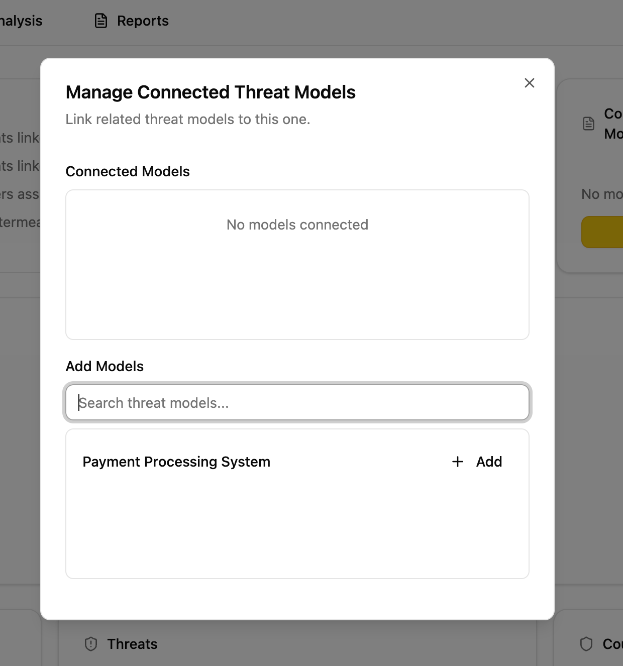Manage Connected Threat Models modal showing connected models and the searchable Add Models list