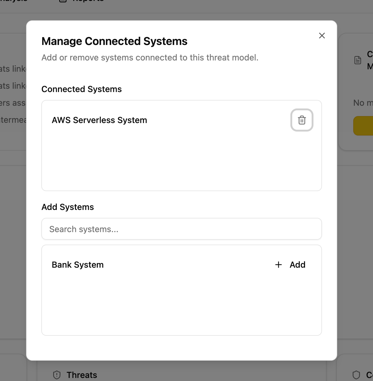 Manage Connected Systems modal showing connected systems and the searchable Add Systems list