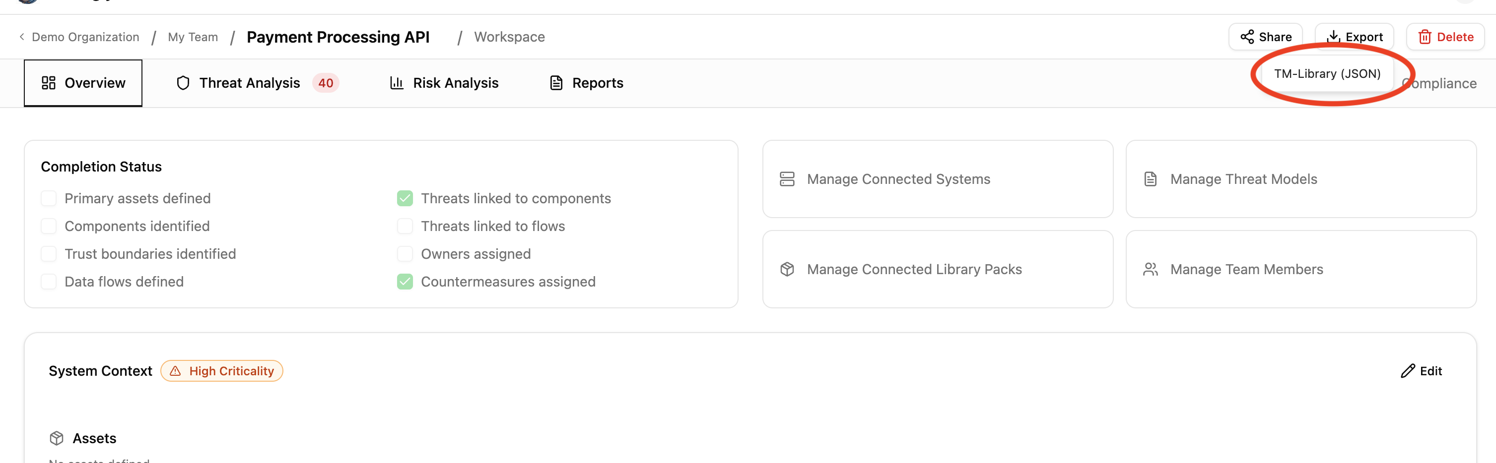 Export dropdown on the threat model detail page