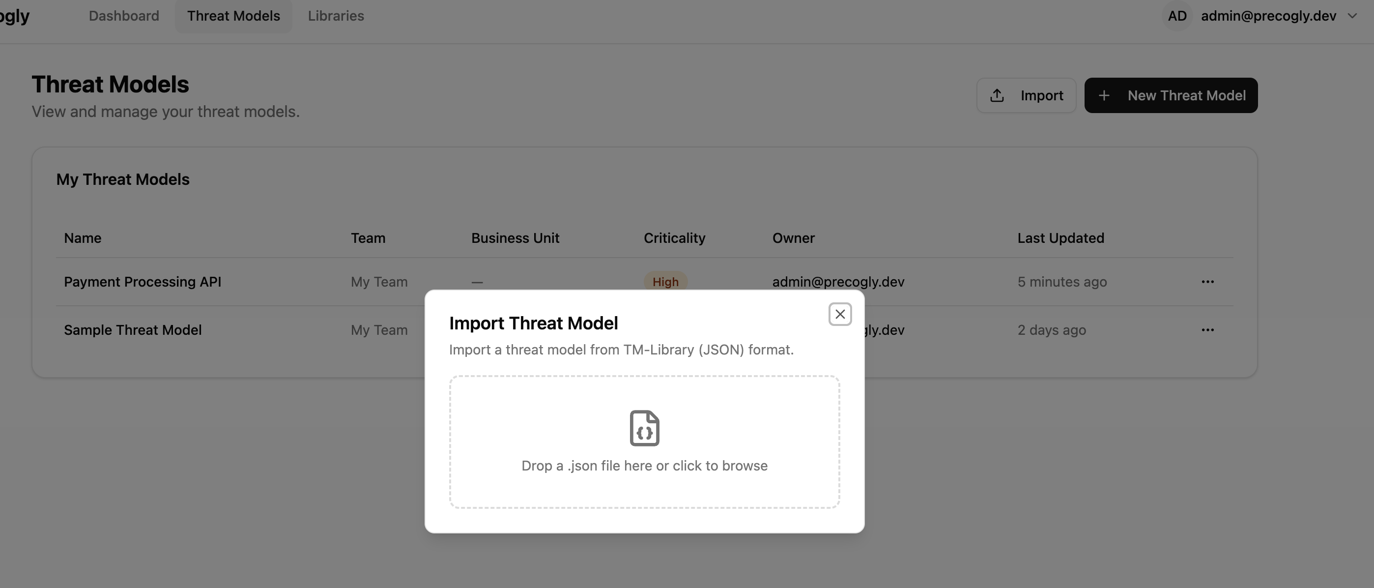 Import dialog with drag-and-drop dropzone