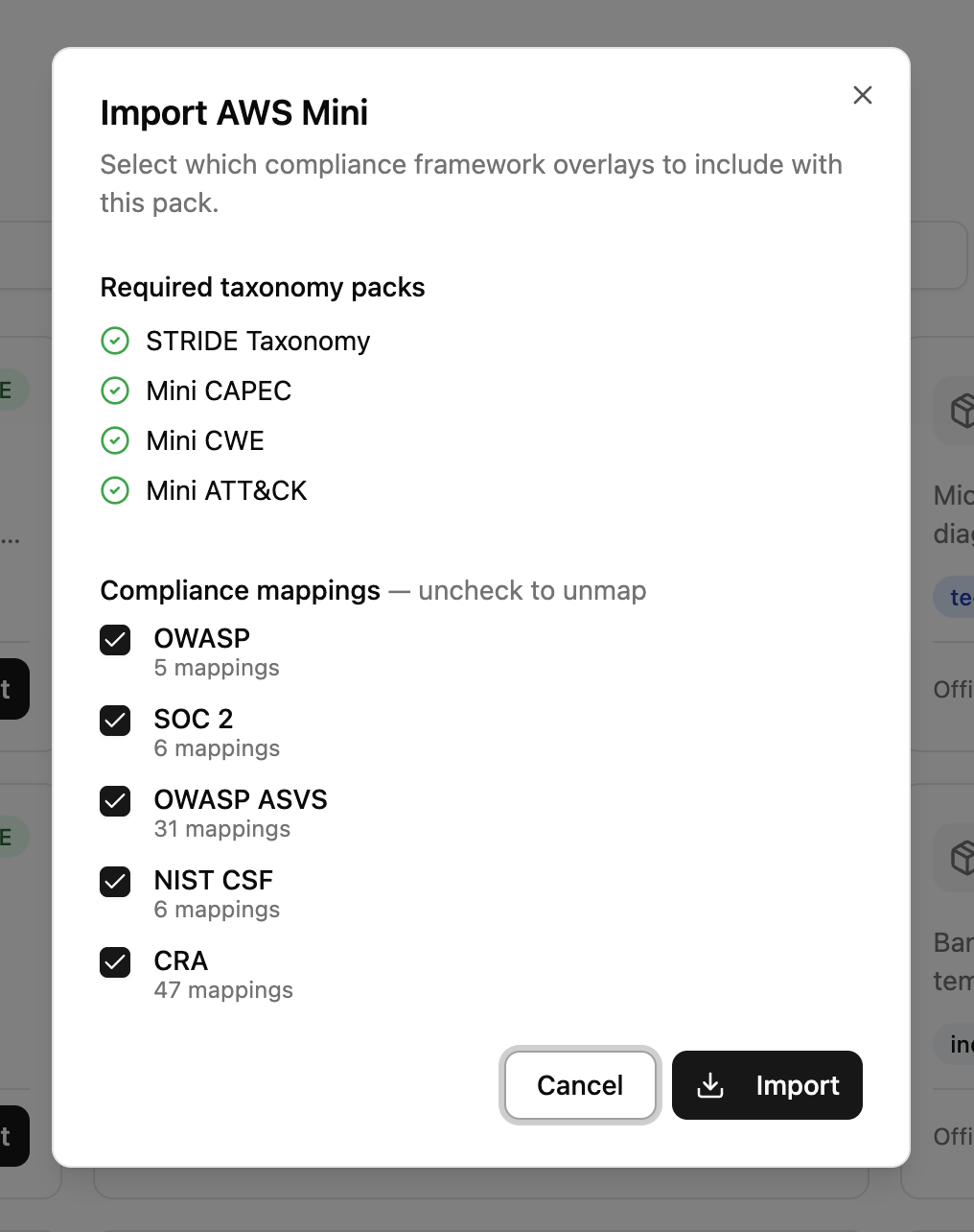 Import dialog with dependency checks and compliance overlay selection