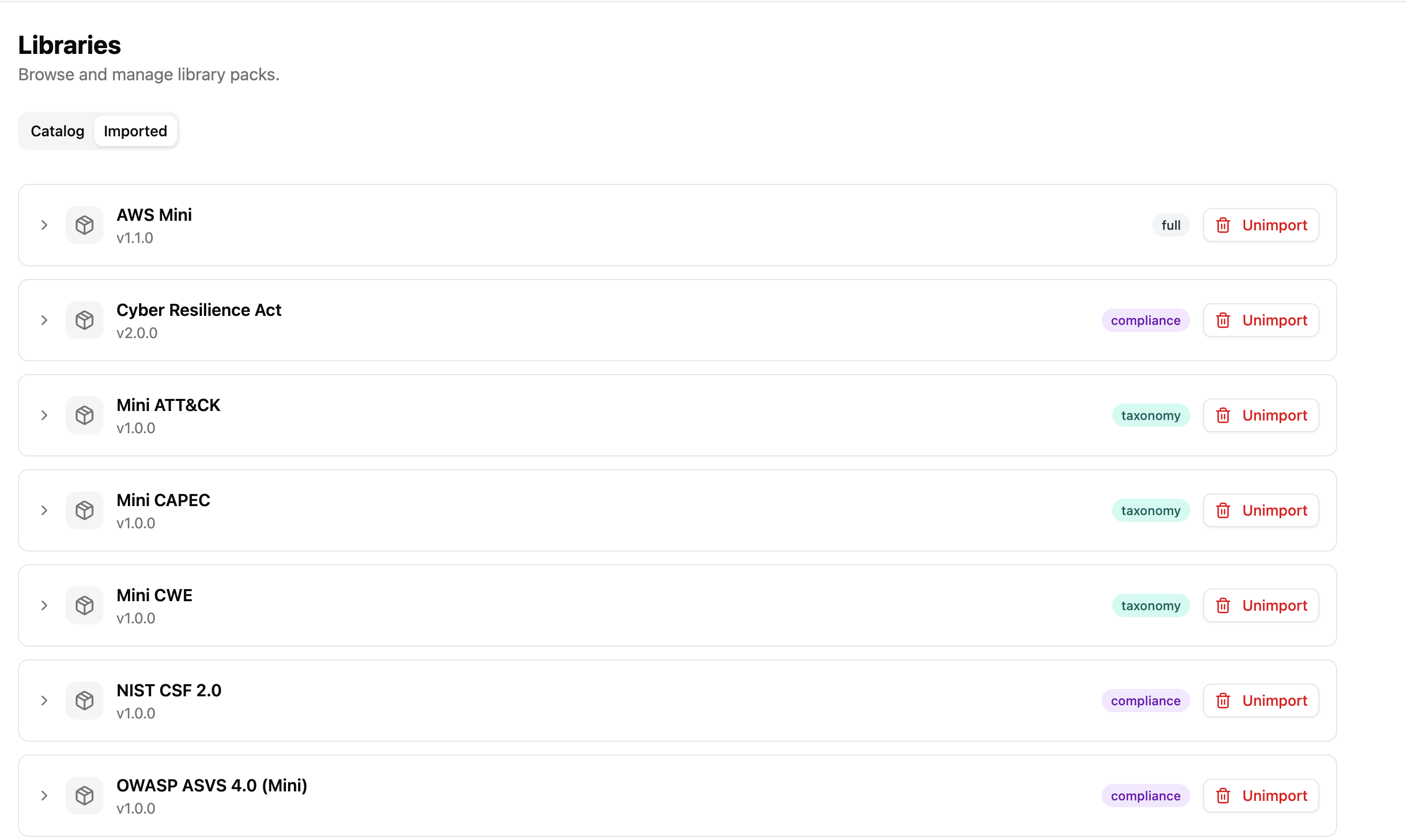 Imported packs with Unimport buttons