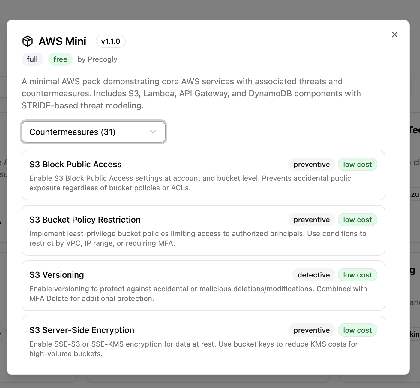 Pack preview — Countermeasures with control type and cost
