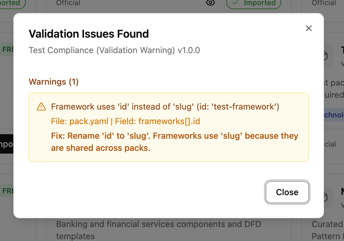 Validation warning dialog
