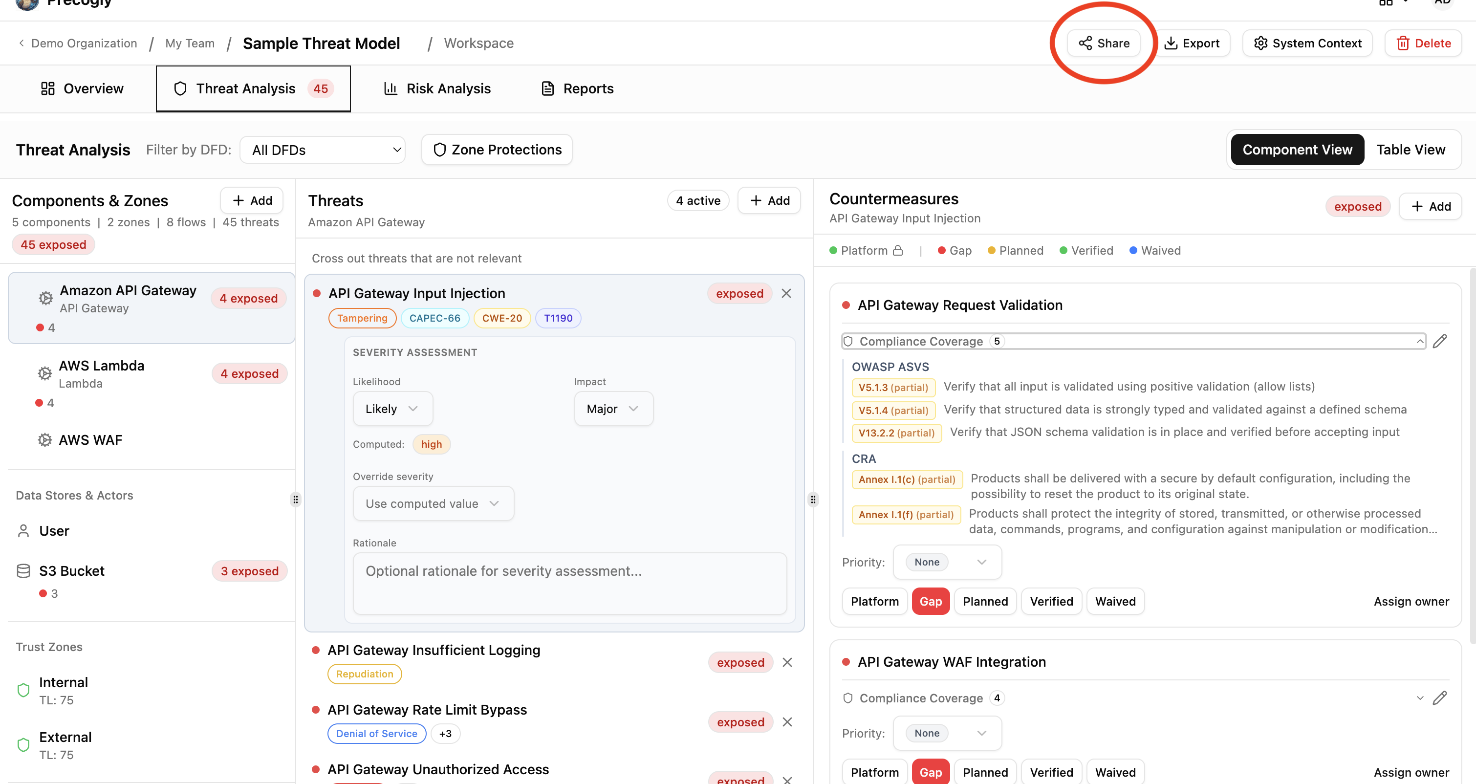 Share button on the threat model detail page