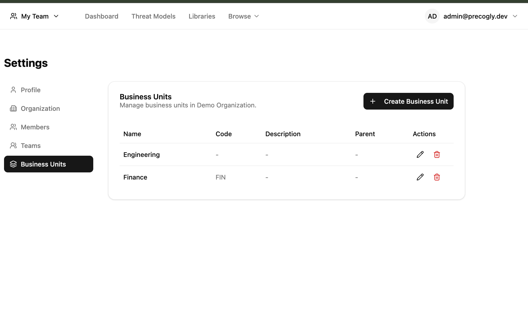 Business Units settings page
