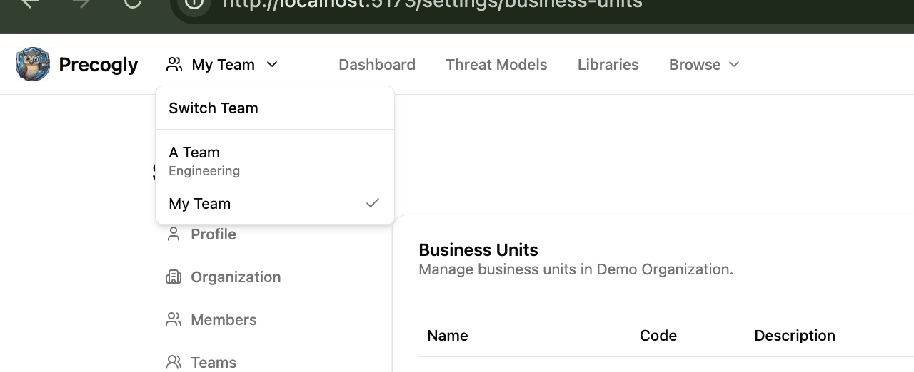 Team switcher dropdown showing teams with business unit names