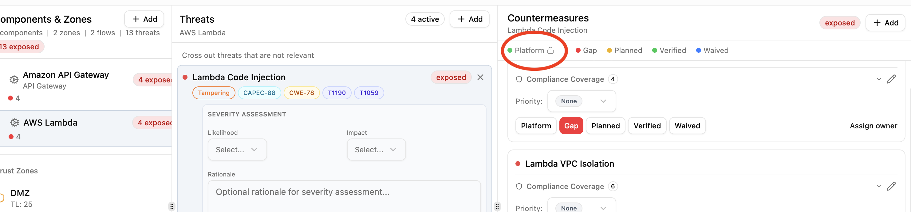 Countermeasure status buttons showing Platform with lock icon