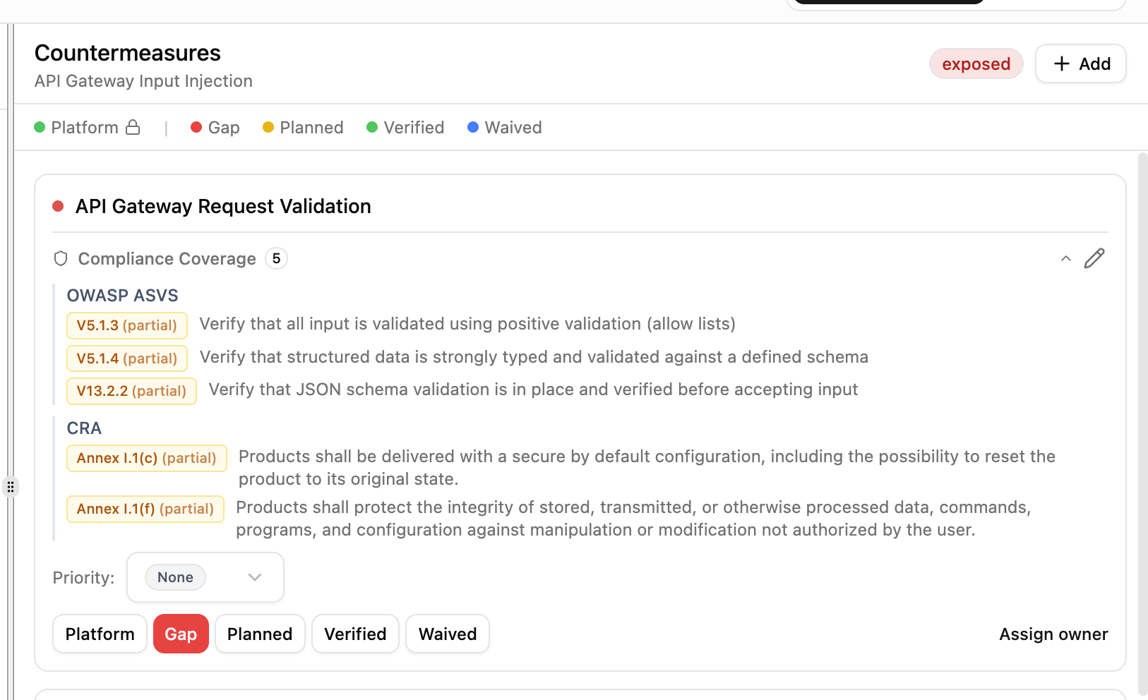 Compliance mappings on a countermeasure — OWASP ASVS and CRA requirements with sufficiency indicators