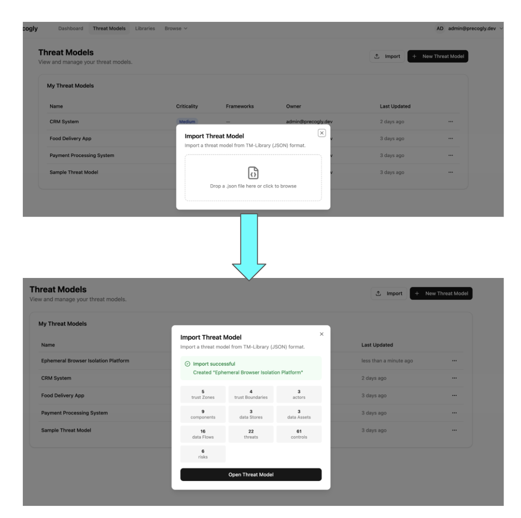 Import dialog with drag-and-drop dropzone and file picker